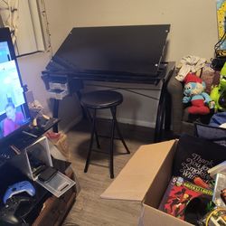 Three Drawer Steel And Glass Drafting Table, Artist Lean