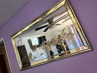 vintage Hollywood Regency gold etched wall mirror with 8 cranes