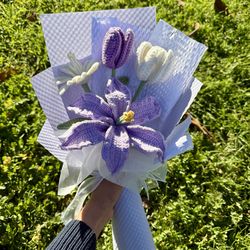 Crochet Purple Lily and white tulip bouquet