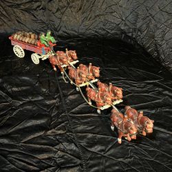 Vintage Cast iron toy Budweiser Clydesdale horse team and wagon two drivers+dog