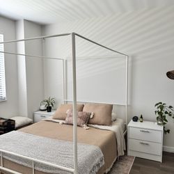 Queen White Canopy Bed Frame + Mattress & Bedding Set – Gently Used – All-In-One Deal, or Seperate!