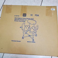 New In Box DURA HYGIENE CUTOUT SHOWER CHAIR WITH EVA ARMREST AND SHOWERHEAD HOLDER