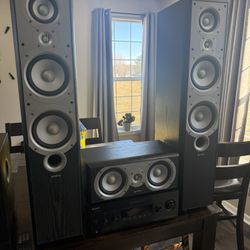 Sony 7.1 channel A/V receiver with Yamaha SubWoofer, Center channel, two Primus 360 speakers.