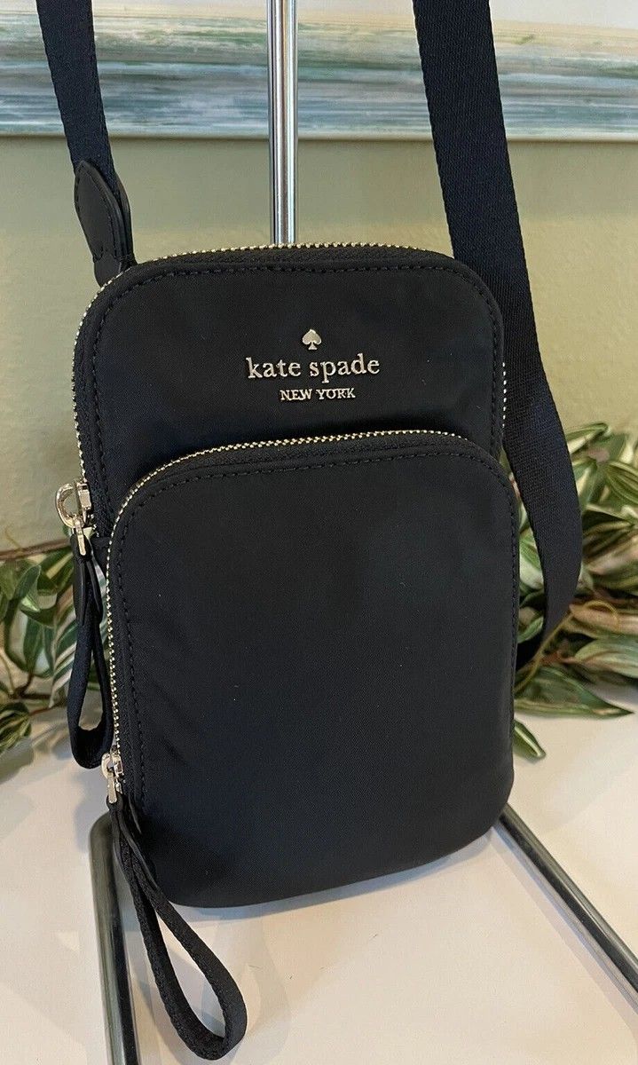 KATE SPADE CHELSEA NS DOUBLE ZIP PHONE CROSSBODY SHOULDER BAG BLACK NYLON GOLD