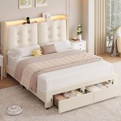 Upholstered Queen Led Bed Frame with Charging Station and Storage Drawers, Velvet Princess Platform Bed Frames with Crystal-Button Tufted Headboard fo