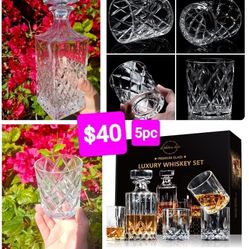 LIGHTEN LIFE 5 Piece Whiskey Decanter Sets,Non-Lead Whiskey Decanter with 4 Glasses in Gift Box,Crystal Bourbon Decanter Set,Scotch Set with Glasses /