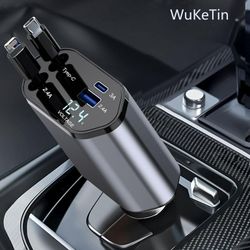4 in 1 Retractable Car Charger, 100W Fast Car Phone Charger with iPhone and Type C Cable and 2 Charging Ports Car Charger Adapter