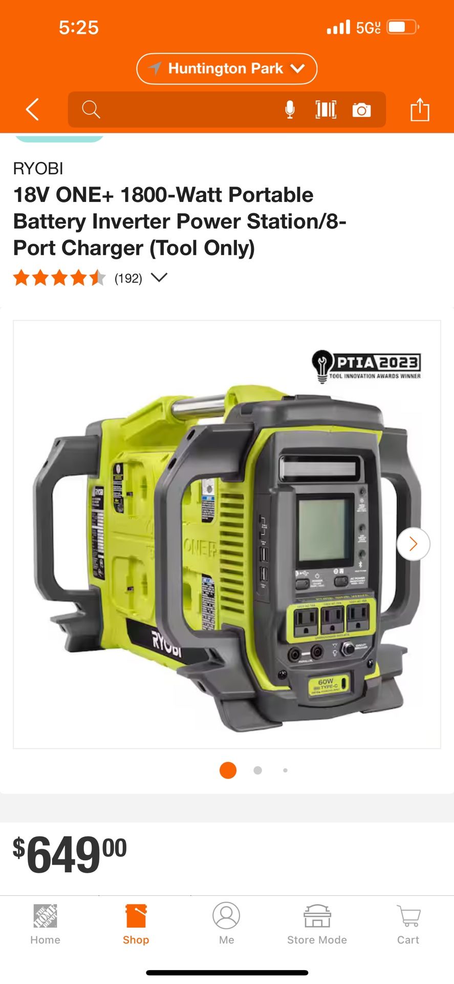 RYOBI 18V ONE+ 1800-Watt Portable Battery Inverter Power Station/8-Port Charger (Tool Only)