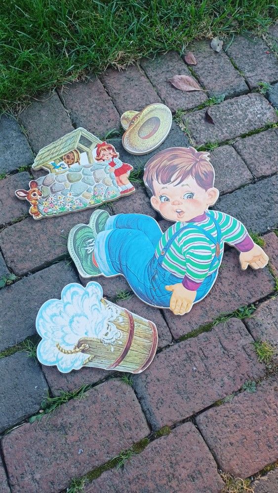 Vintage 50s Dolly Toy Co Jack & Jill bunny nursery rhyme board cutout wall art