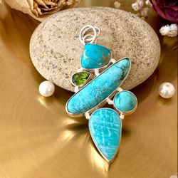 Amazonite, Turquoise And Peridot 925 Sterling Silver Overlay Handcrafted Pendant