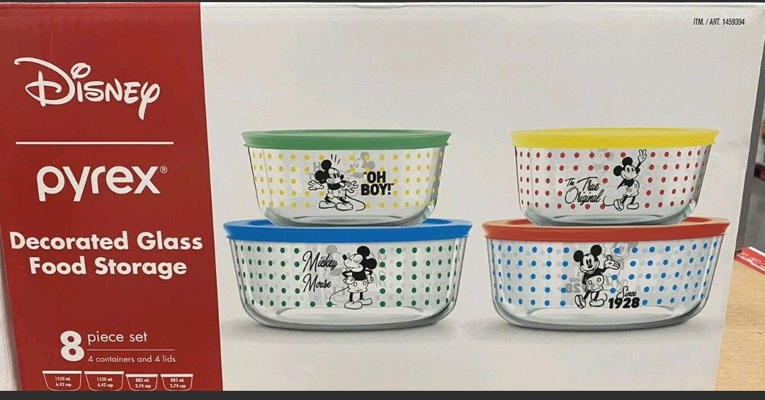 NEW 8-pc PYREX Disney MICKEY MOUSE 4 Cup Glass STORAGE BOWL SET w/Covers.
