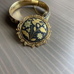 Gold Plate Vintage Damascene Bracelet And Brooch