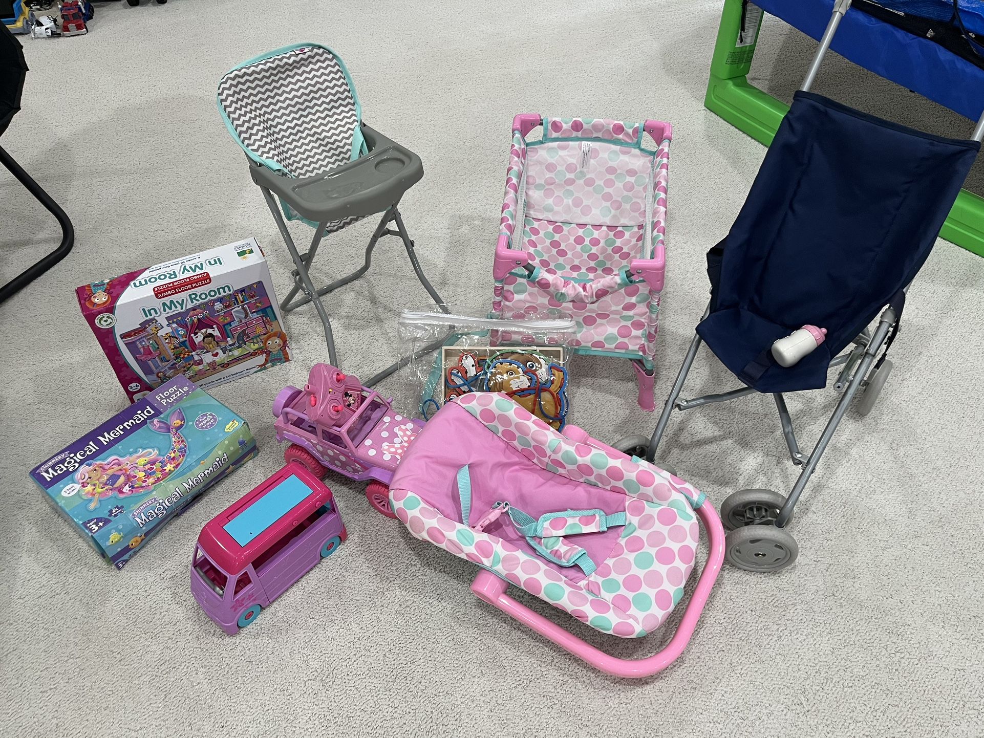 Little Girls Baby Doll Pottery Barn Stroller With Lot, Carrier, Crib