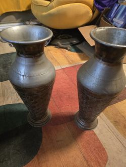 Vintage Tall Embossed Metal Floor Vases - Set of 2 - 19” Rustic Antiqued Decor-Boise