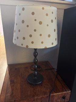 Small table lamp - black base, white shade with gold polka dots
