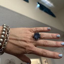 Large 5 Carat Blue Topaz Vintage Sterling Silver Art Deco Ring