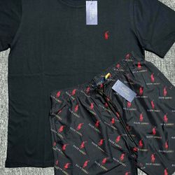 Black With Red Horse Polo Short Set $55