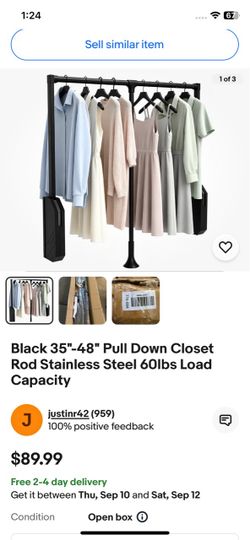 Black 35"-48" Pull Down Closet Rod Stainless Steel 60lbs Load Capacity