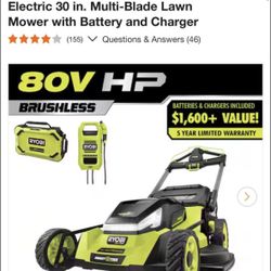 Ryobi 80V HP Brushless Battery Cordless Electric 30 in. Multi-Blade Lawn Mower with Battery and Charger
