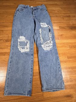 Fashion Nova Women’s Size 7 Distressed Ripped Wide Leg Jeans Light Wash Button Fly