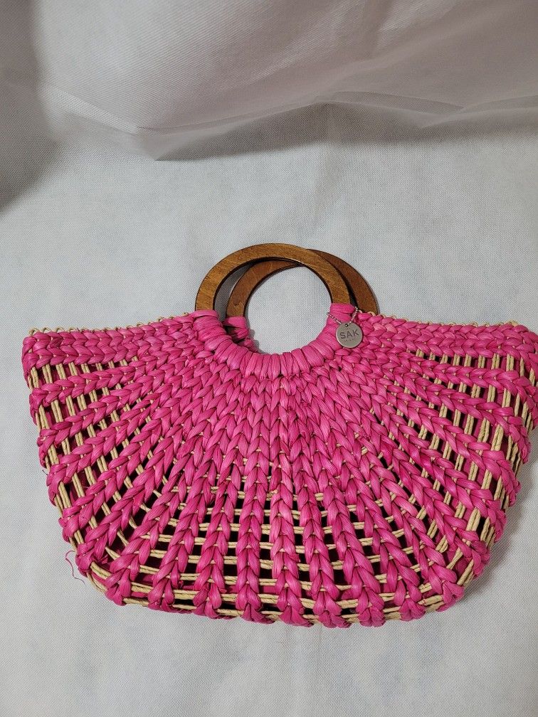 Vintage The SAK Pink Woven Straw Tote Bag With Wood Handles Summer Purse