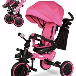 KRIDDO 8-in-1 Kids Trike Stroller Foldable Pink