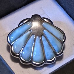Genuine Blue Larimar Seashell Pendant Slide in .925 Sterling Silver.
