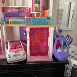 Barbie House, 2 Cars, Boat, Plane, Helicopter, Furniture Barbies And Clothes 