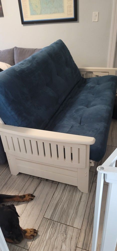 White Wood Heavy Duty Futon With BLUE cushion Like New