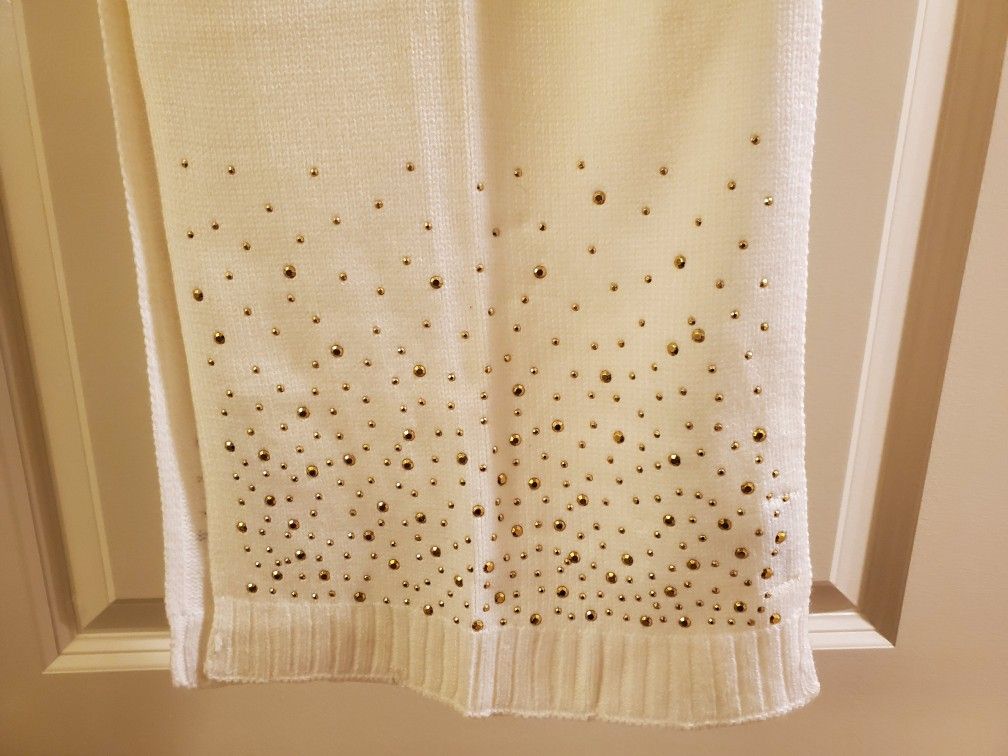 Beige Womens Glam Bling Gold Rhinestone Scarf Charming Charlie Acrylic Long Off White Rare