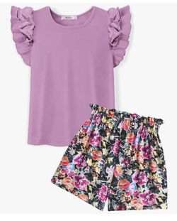 Girls 2 Piece Outfits Summer Clothes Ruffle Short Sleeve Shirts Top and High Waist Paper Bag Shorts Set with Pockets
