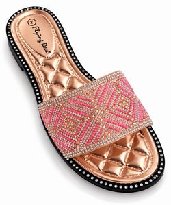 Women’s Rhinestone Slide Sandals – Rose Gold & Pink Sparkle Flat Slides