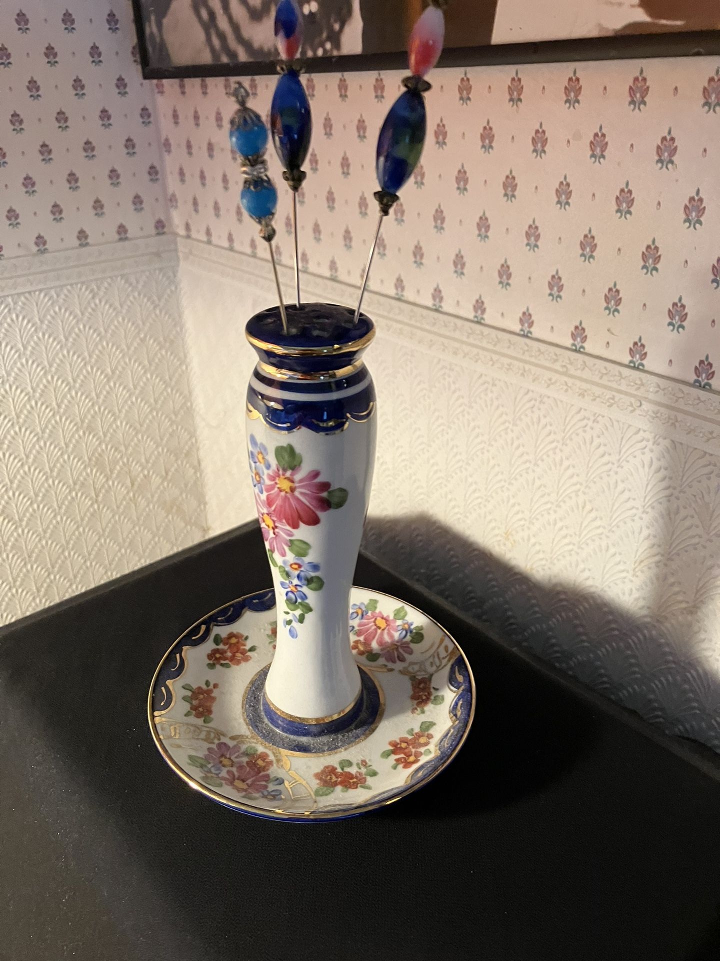 Vintage Hand Painted Hat Pin Holder With Vintage Hat Pins