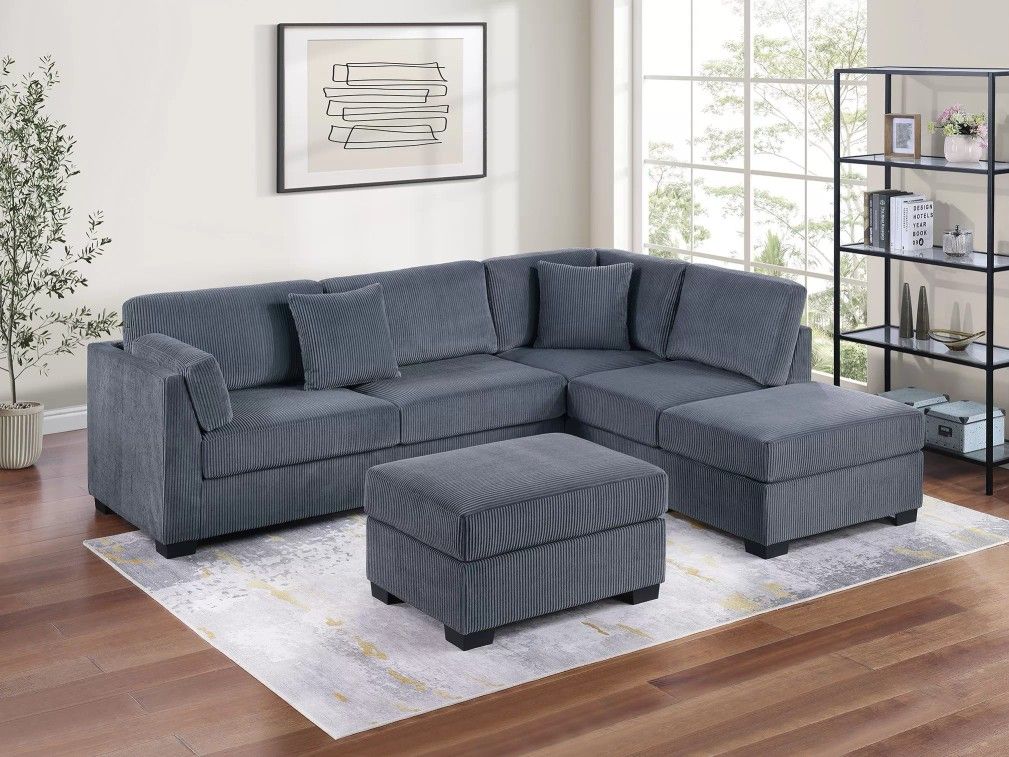Brand New Grey Corduroy Sectional Sofa w Ottoman
