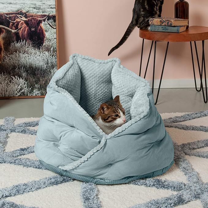 Furhaven 24" Round Pet Bed for Indoor Cats & Medium/Small Dogs, 100% Washable, For Pets Up to 35 lbs - Minky Plush & Velvet Hug Bed - Aquamarine, 24-i
