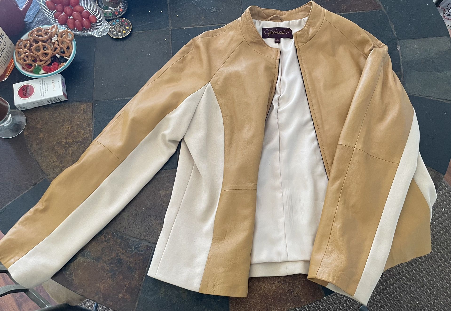 Woman’s White And Beige  Leather Jacket large 
