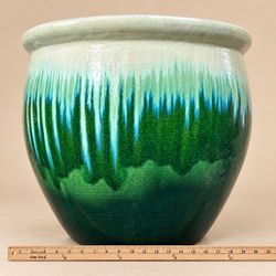 Large Green & Turquoise Drip Glaze Ceramic Planter-Crackle Finish Garden Pot