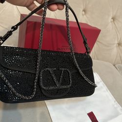 VALENTINO Garavani Loco VLOGO Small Leather Black Crystals Shoulder Bag