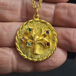 Vintage 1970's Goldtone Tree Of Life With Multicolored Rhinestones Pendant Necklace On 20" Twisted Rope Goldtone Chain