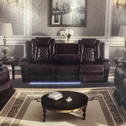 Power Electric Brown Leather Fully Reclining Couch Set 