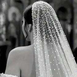 ELEGANT LONG CATHEDRAL LENGTH BRIDAL VEIL WITH PEARL'S (  MADE OF SOFT TULLE W/ A COMB ( 118" LONG )