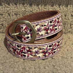 LUCKY BRAND Multicolor Floral Embroidered Leather Gold Buckle Boho Belt Size XS