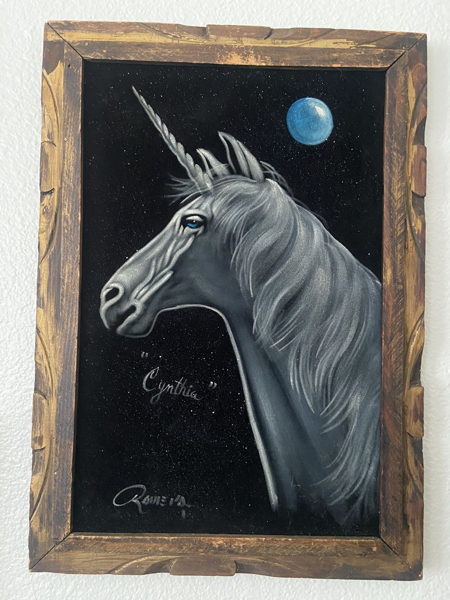 Vintage Unicorn On Velvet Painting ( Signed )