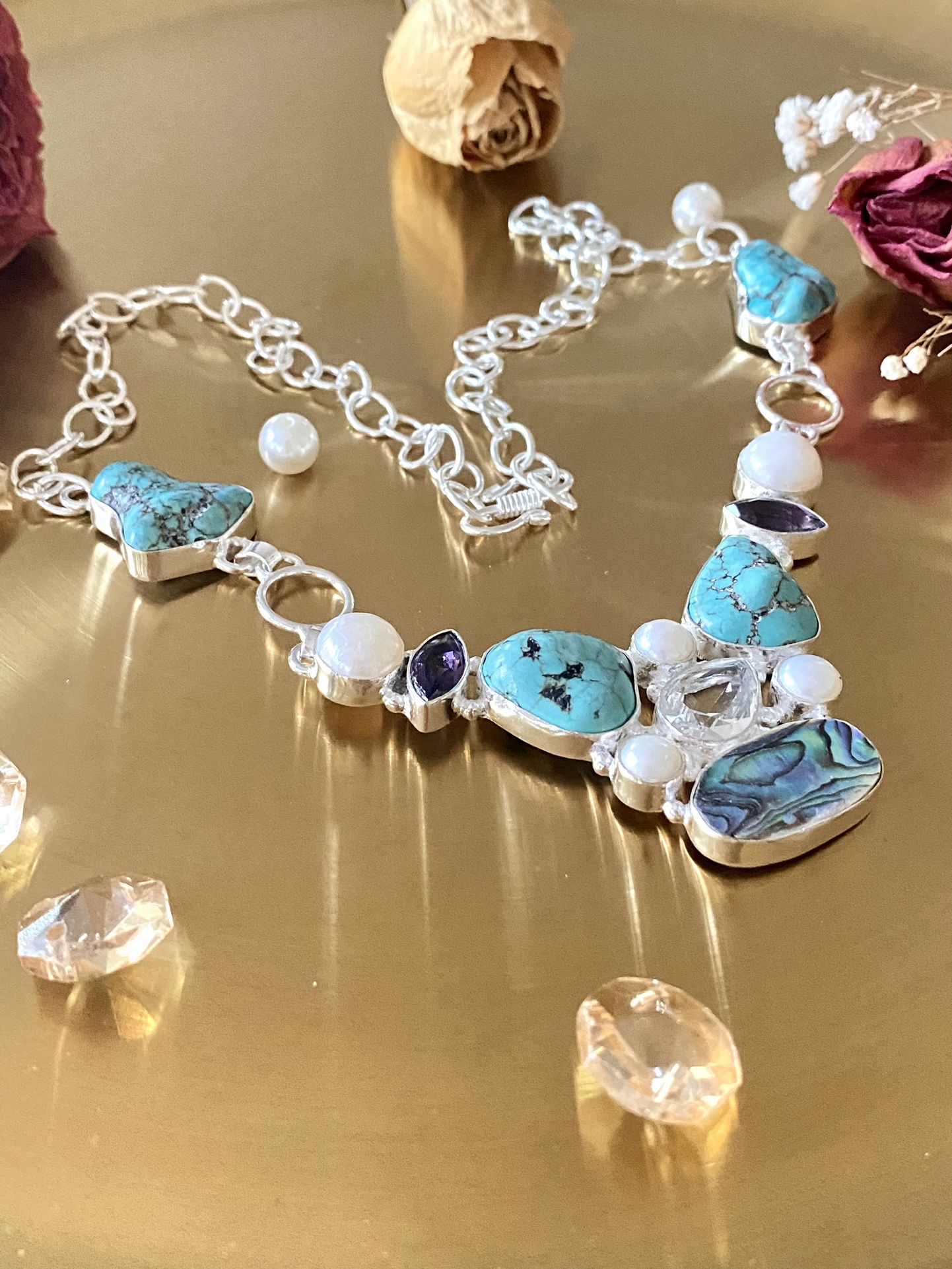 ❤️CLEARANCE❤️Tumbled Turquoise, Pearl, Abalone Shell, Amethyst And White Topaz 925 Sterling Silver Overlay Necklace