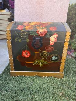 Hand-Painted Floral Dome Top Wooden Trunk