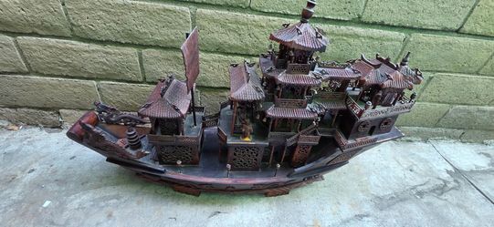 Massive Hand-Carved Wooden Chinese Dragon Ship Model