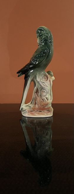 Vintage Dark Green Ceramic Parrot Figurine Perched On Wood Base