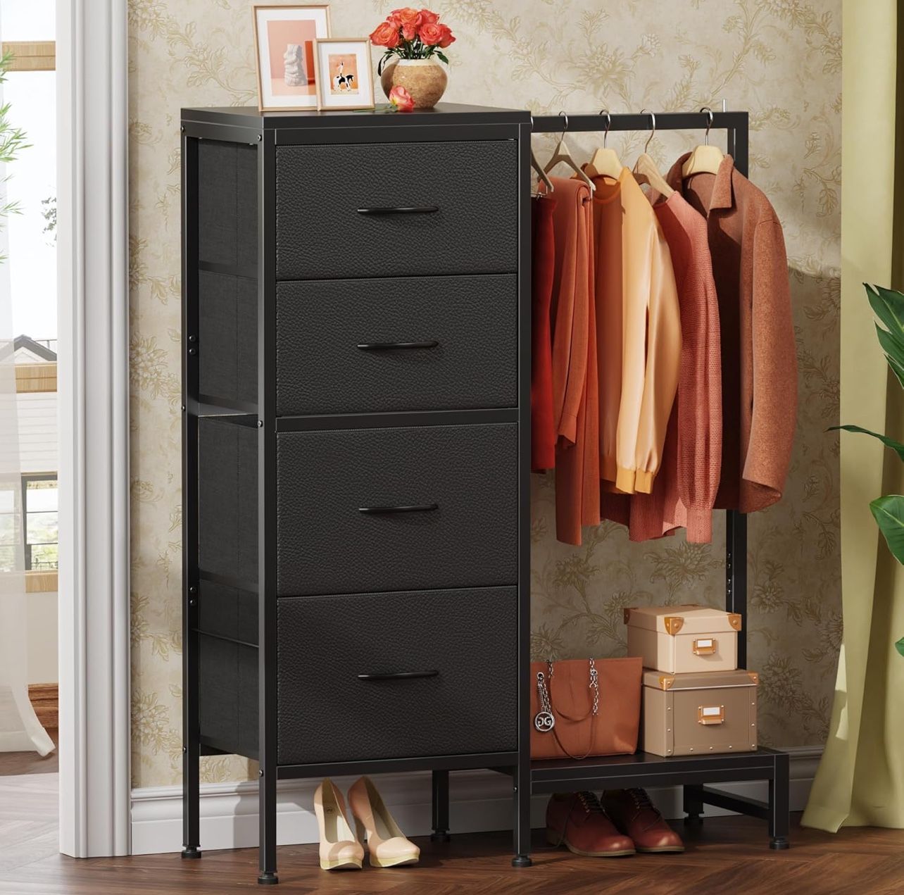 Dresser with Hanging Rack, 4 Fabric Chest of Drawers Clothes Rack Storage Black Organizer