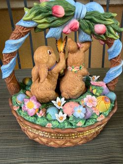 Ceramic Easter Bunny and Egg Basket Figurine