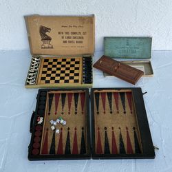Antique Games w/ Original Boxes (Chess, Backgammon, Cribbage) 